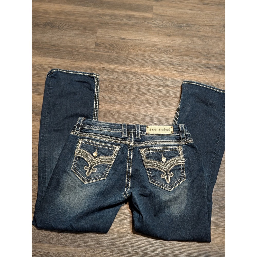 Rock Revival Maria Easy Boot Blue Jeans Dark Wash Thick Stitch Rhinestone 30
